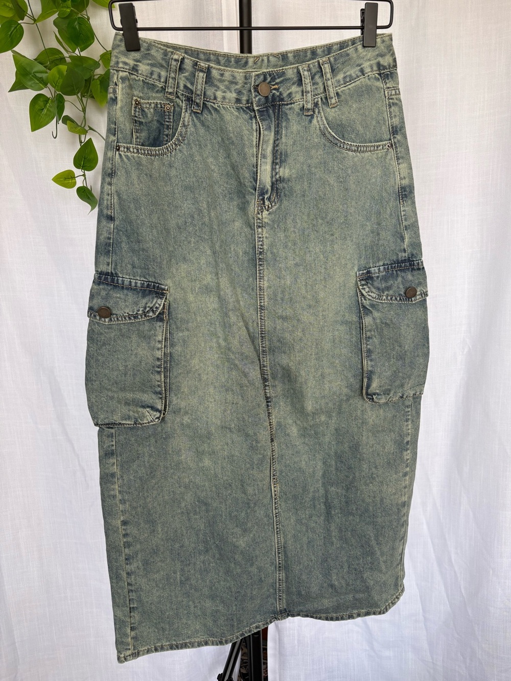 Kisidoo Acid Wash Denim Cargo Midi Skirt High Waist Back Vent M